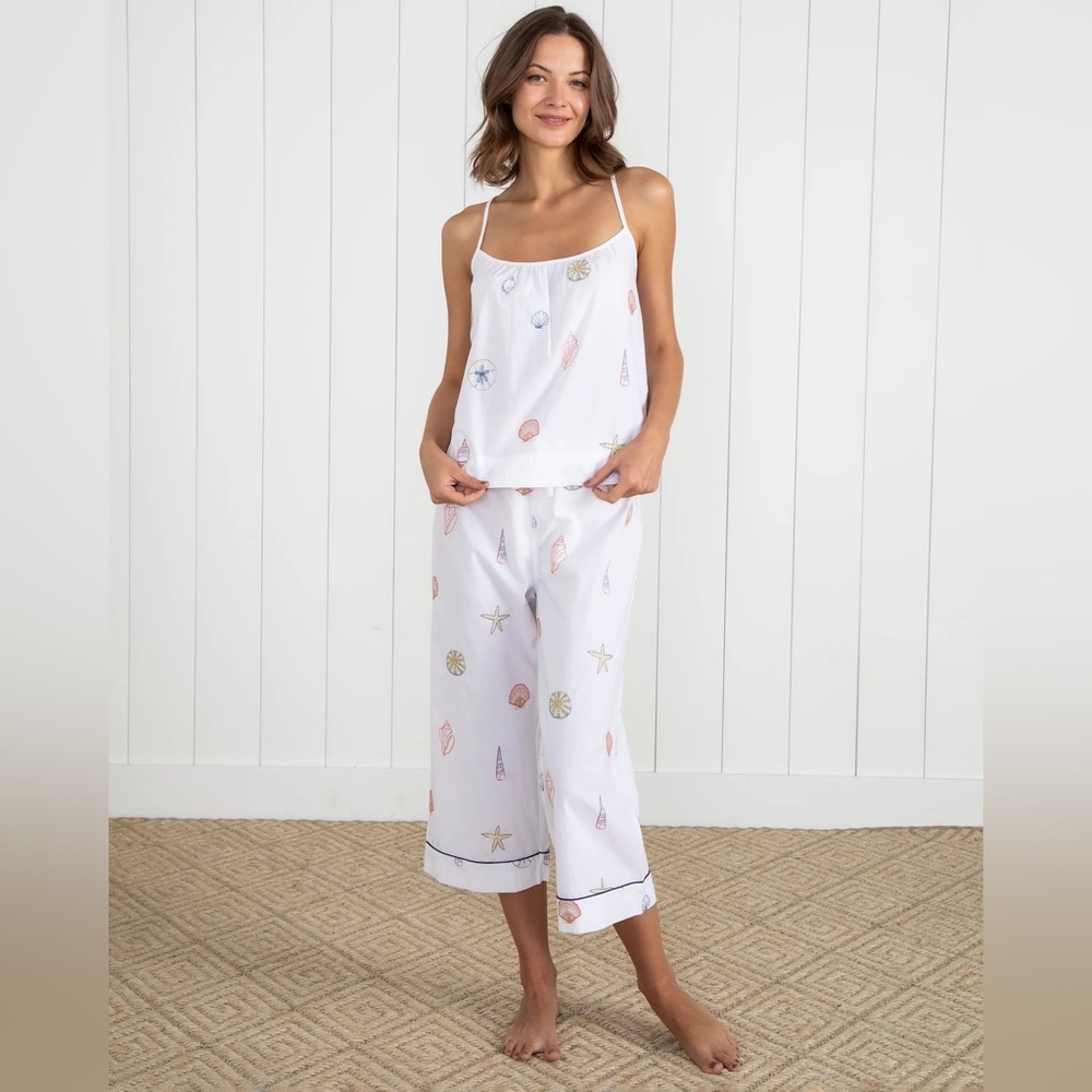 Printfresh Pajamas, Embroidered Shells - Cami Cropped Pants Set - Sand